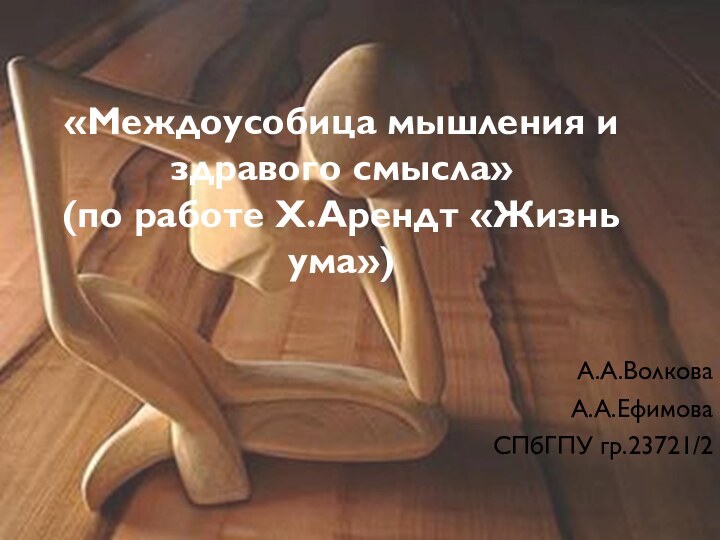 «Междоусобица мышления и здравого смысла»  (по работе Х.Арендт «Жизнь ума») А.А.ВолковаА.А.ЕфимоваСПбГПУ гр.23721/2