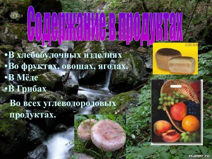 Содержание в продуктахВ хлебобулочных изделияхВо фруктах, овощах, ягодах.В МёдеВ ГрибахВо всех углеводородовых продуктах.