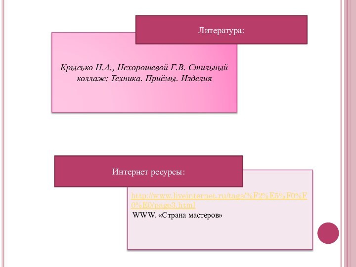 Крысько Н.А., Нехорошевой Г.В. Стильный коллаж: Техника. Приёмы. Изделияhttp://www.liveinternet.ru/tags/%F2%E5%F0%F0%E0/page3.html WWW. «Страна мастеров»