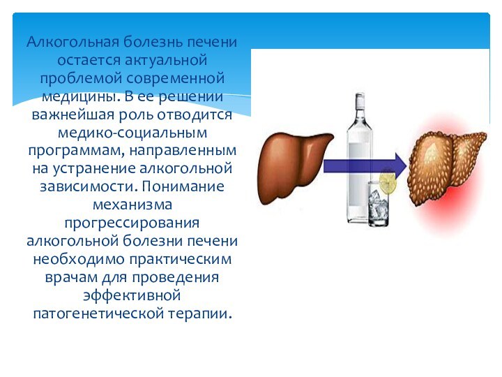 Алкогольная болезнь печени остается актуальной проблемой современной медицины. В ее решении важнейшая