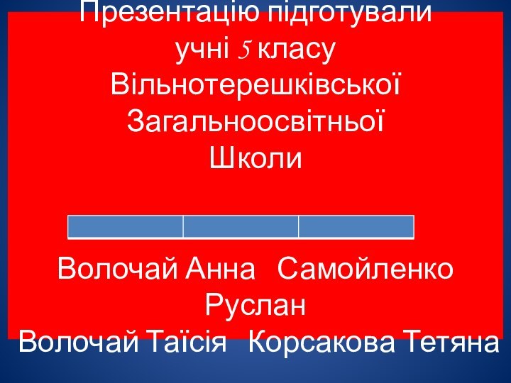 Презентацію підготували  учні 5 класу Вільнотерешківської Загальноосвітньої Школи   Волочай