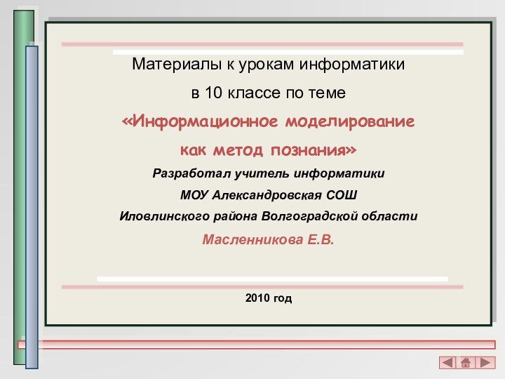 Материалы к урокам информатики в 10 классе по теме «Информационное моделирование как