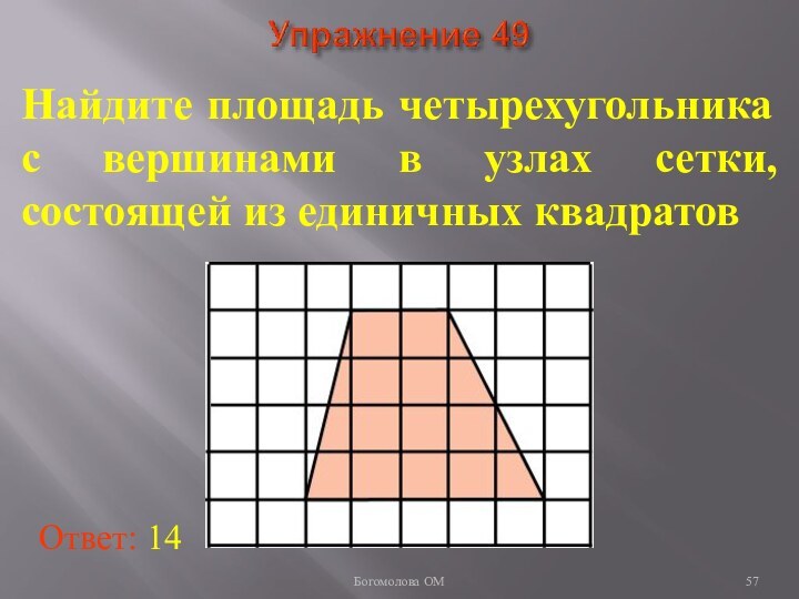 Найдите площадь четырехугольника с вершинами в узлах сетки, состоящей из единичных квадратовОтвет: 14 Богомолова ОМ