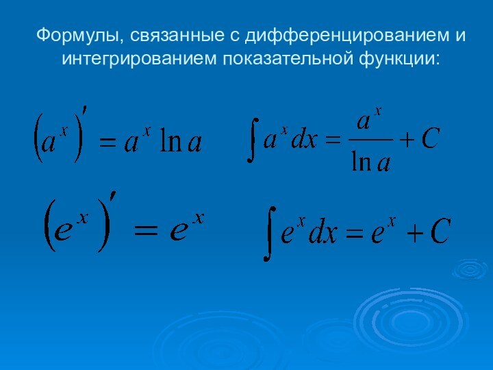 Формулы, связанные с дифференцированием и интегрированием показательной функции: