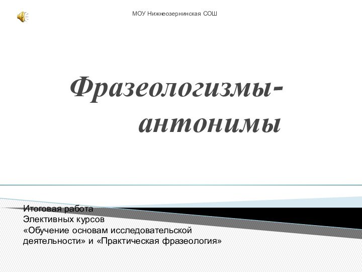 Фразеологизмы- антонимыМОУ Нижнеозернинская СОШИтоговая работа Элективных курсов«Обучение основам исследовательской деятельности» и «Практическая фразеология»