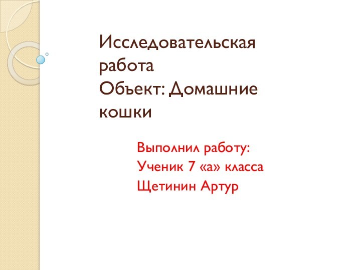 Исследовательская работа  Объект: Домашние кошки Выполнил работу:Ученик 7 «а» классаЩетинин Артур