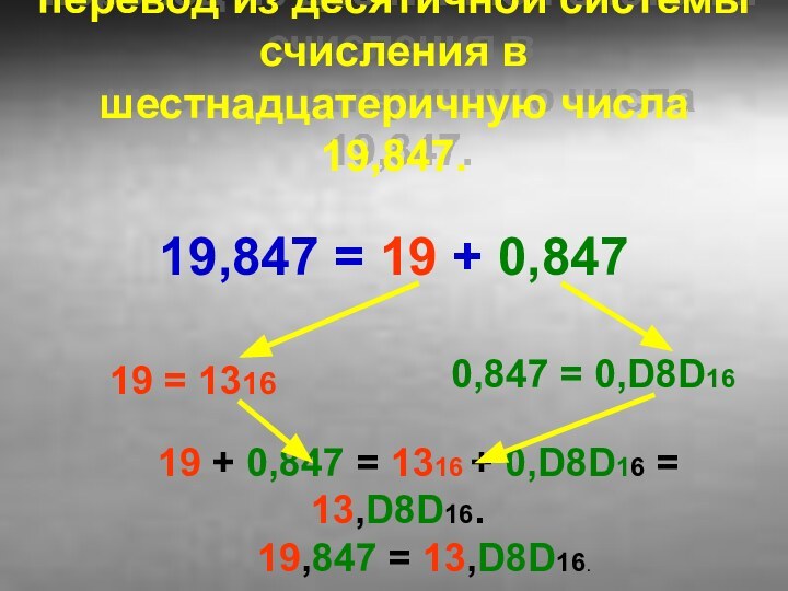 перевод из десятичной системы счисления в шестнадцатеричную числа 19,847.19,847 = 19 +