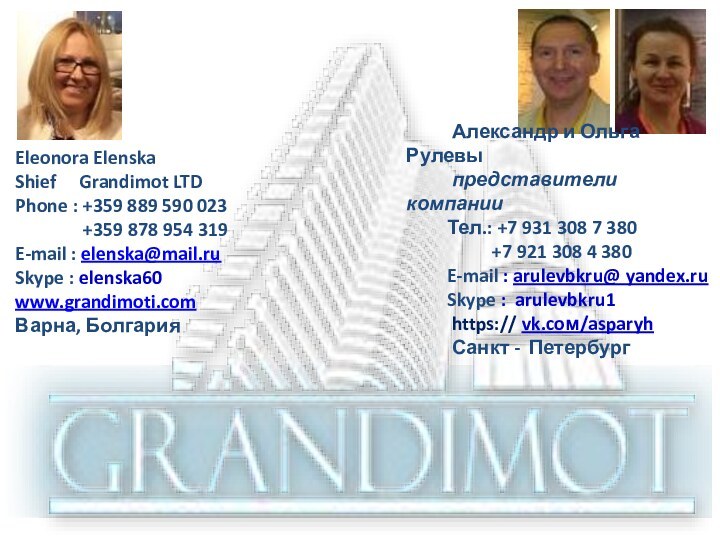 Eleonora Elenska  Shief   Grandimot LTD  Phone : +359 889 590 023 