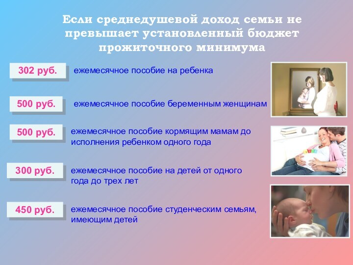 Если среднедушевой доход семьи не превышает установленный бюджет прожиточного минимумаежемесячное пособие на