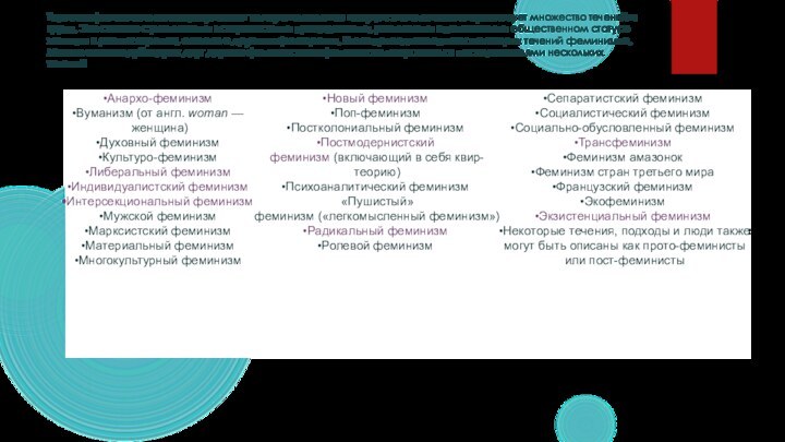 Термин «феминизм» не подразумевает единую идеологию и внутри этого движения существует множество