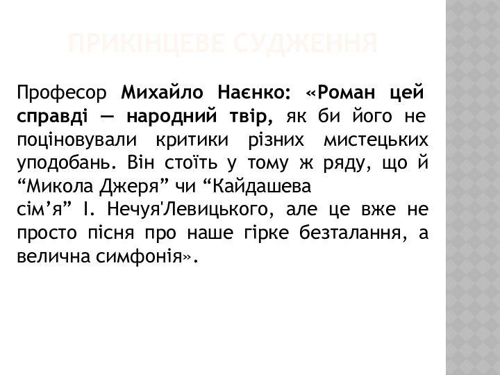 ПРИКІНЦЕВЕ СУДЖЕННЯПрофесор Михайло Наєнко: «Роман цей справді — народний твір, як би