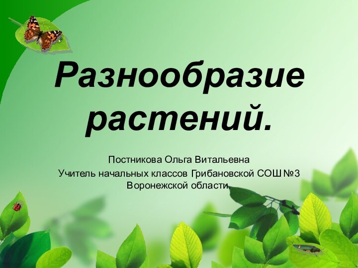 Разнообразие растений.Постникова Ольга ВитальевнаУчитель начальных классов Грибановской СОШ №3 Воронежской области.