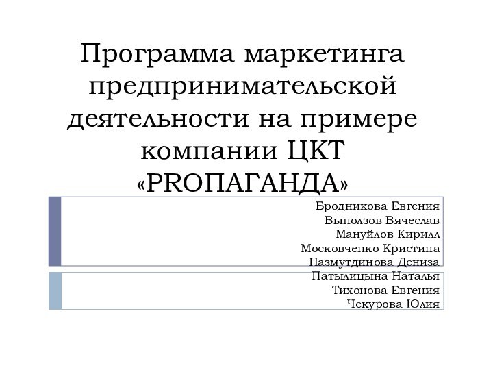 Программа маркетинга предпринимательской деятельности на примере компании ЦКТ«PRОПАГАНДА»   Бродникова Евгения