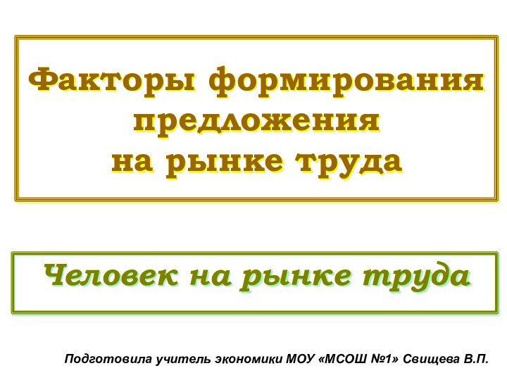 Факторы формирования предложения  на рынке трудаЧеловек на рынке трудаПодготовила учитель экономики