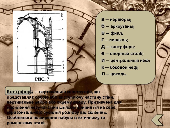 Контрфорс — вертикальна конструкція, що представляє собою або виступаючу частину стіни, вертикальне