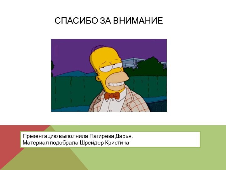 Спасибо за вниманиеПрезентацию выполнила Пагирева Дарья,Материал подобрала Шрейдер Кристина