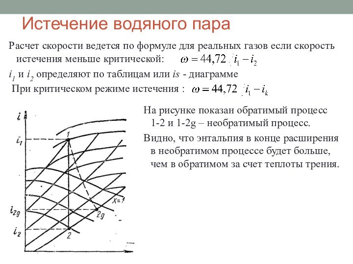 Истечение водяного параНа рисунке показан обратимый процесс 1-2 и 1-2g – необратимый