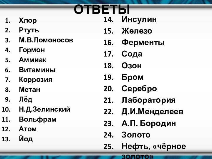 ОТВЕТЫХлорРтутьМ.В.ЛомоносовГормонАммиакВитаминыКоррозияМетанЛёдН.Д.ЗелинскийВольфрамАтомЙодИнсулинЖелезоФерментыСодаОзонБромСереброЛабораторияД.И.МенделеевА.П. БородинЗолотоНефть, «чёрное золото»