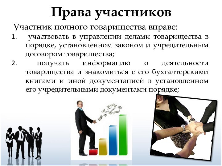 Права участниковУчастник полного товарищества вправе: участвовать в управлении делами товарищества в порядке,