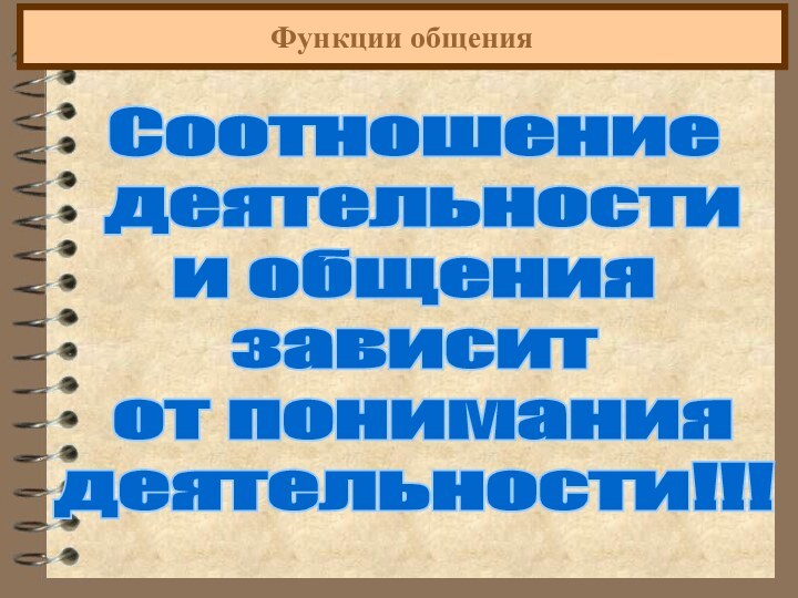 Функции общенияСоотношение деятельности и общениязависит от понимания деятельности!!!