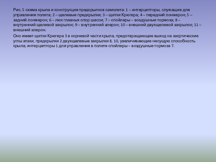 Рис. 5 схема крыла и конструкция предкрылков самолета: 1 – интерцепторы, служащие