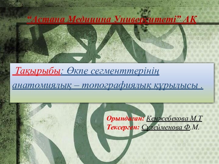 ВЕО“Астана Медицина Университеті” АҚ Тақырыбы: Өкпе сегменттерініңанатомиялық – топографиялық құрылысы .Орындаған: Кенжебекова М.ТТексерген: Сүлейменова Ф.М.