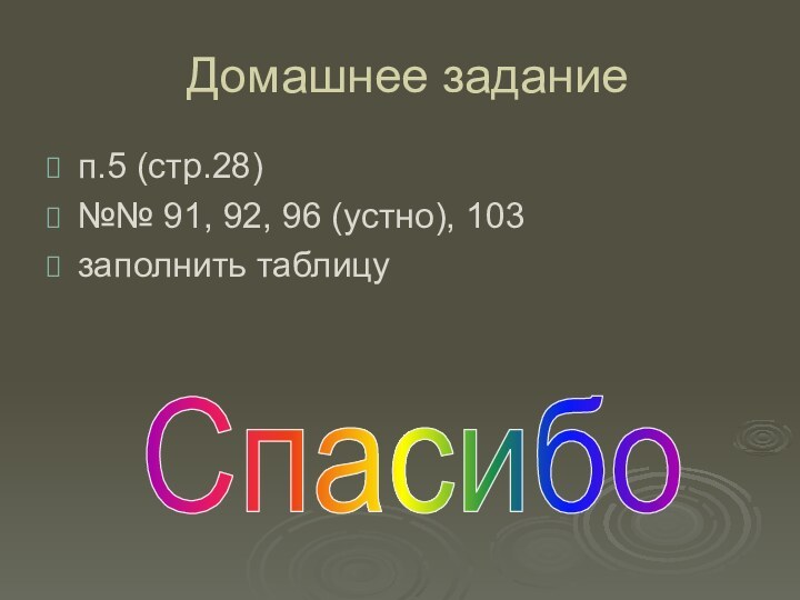 Домашнее заданиеп.5 (стр.28)№№ 91, 92, 96 (устно), 103заполнить таблицуСпасибо