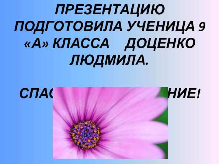 Презентацию подготовила ученица 9 «а» класса   Доценко Людмила.  Спасибо За внимание!