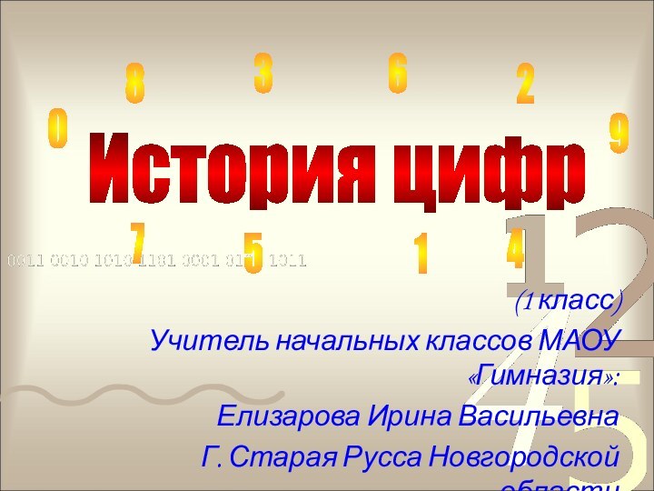 (1 класс)Учитель начальных классов МАОУ «Гимназия»: Елизарова Ирина ВасильевнаГ. Старая Русса Новгородской областиИстория цифр2346578901