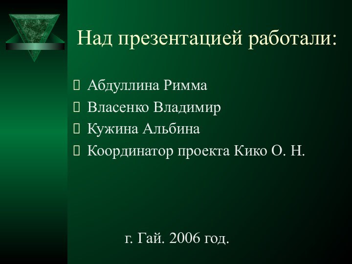 Над презентацией работали:Абдуллина РиммаВласенко ВладимирКужина АльбинаКоординатор проекта Кико О. Н.