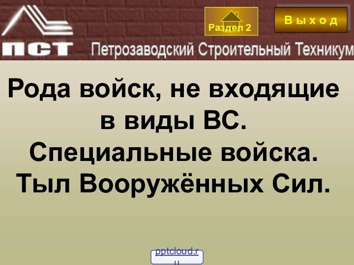 Рода войск, не входящие в виды ВС. Специальные войска. Тыл Вооружённых Сил.В