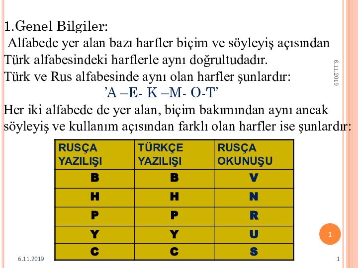 1.Genel Bilgiler: Alfabede yer alan bazı harfler biçim ve söyleyiş açısından Türk