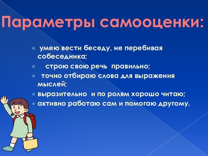 Параметры самооценки: умею вести беседу, не перебивая собеседника;  строю свою речь