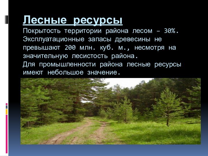 Лесные ресурсы Покрытость территории района лесом – 30%. Эксплуатационные запасы древесины не