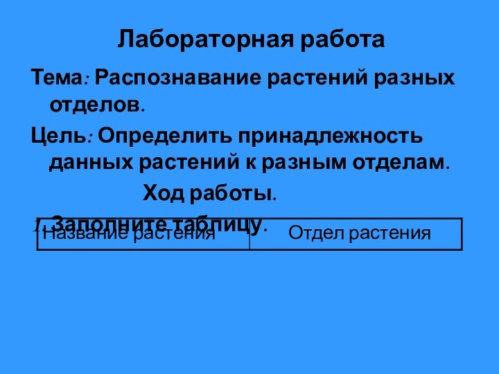 Лабораторная работаТема: Распознавание растений разных отделов.Цель: Определить принадлежность данных растений к разным