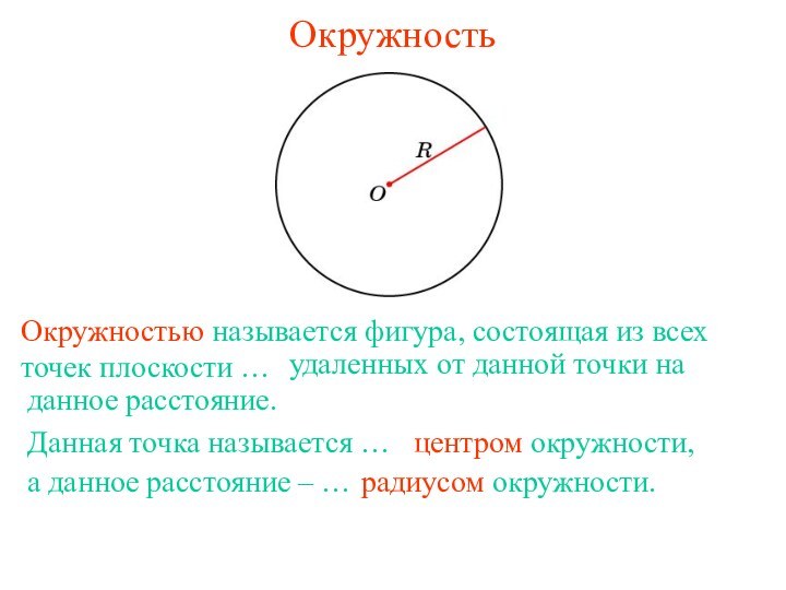 ОкружностьОкружностью называется фигура, состоящая из всех точек плоскости …