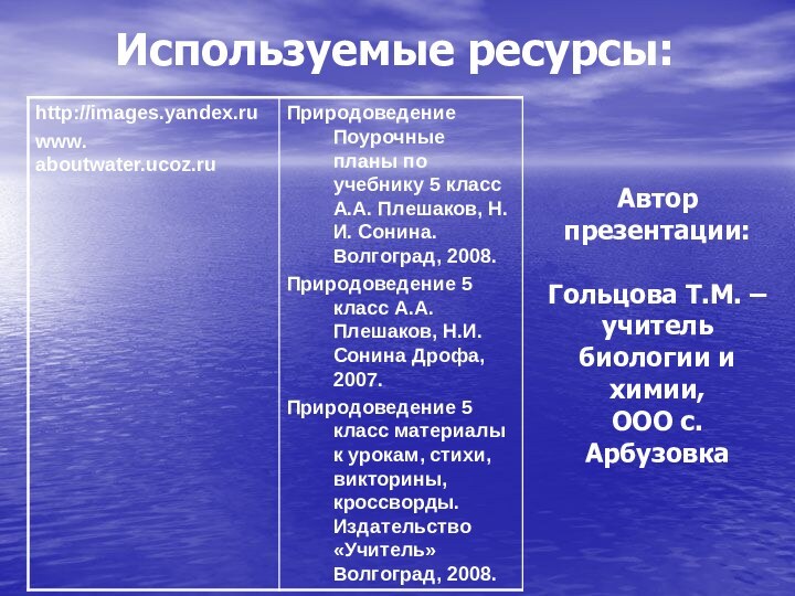 Используемые ресурсы: Автор презентации:Гольцова Т.М. – учитель биологии и химии, ООО с. Арбузовка