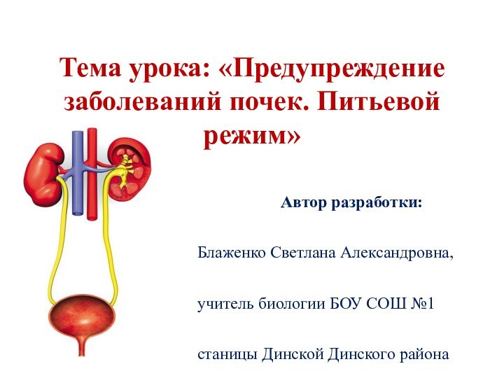 Тема урока: «Предупреждение заболеваний почек. Питьевой режим»    Автор разработки: