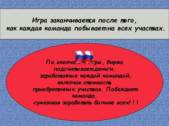 Игра заканчивается после того, как каждая команда побывает на всех участках.По окончании