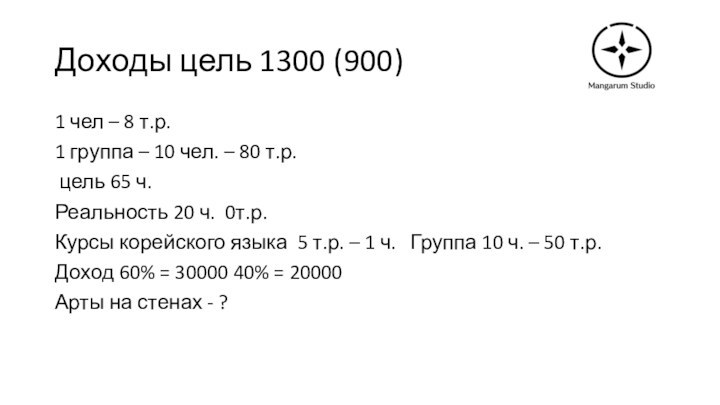 Доходы цель 1300 (900)1 чел – 8 т.р.1 группа – 10 чел.