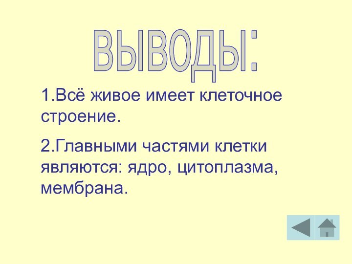 выводы:1.Всё живое имеет клеточное строение.2.Главными частями клетки являются: ядро, цитоплазма, мембрана.