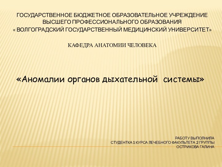 Работу выполнила студентка 1 курса лечебного факультета 2 группы Острикова галинаГосударственное бюджетное