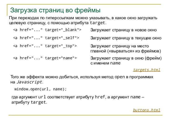 Загрузка страниц во фреймыПри переходах по гиперссылкам можно указывать, в какое окно