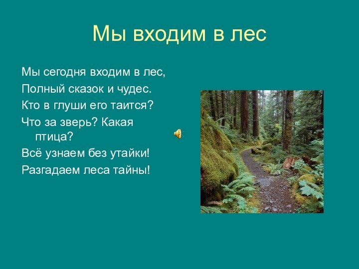 Мы входим в лесМы сегодня входим в лес,Полный сказок и чудес.Кто в