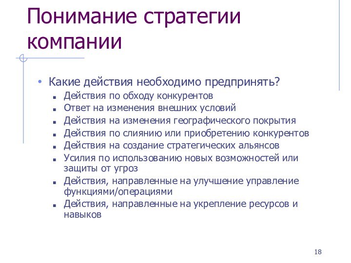 Понимание стратегии компанииКакие действия необходимо предпринять?Действия по обходу конкурентовОтвет на изменения внешних