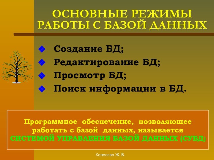 Колесова Ж. В.ОСНОВНЫЕ РЕЖИМЫ РАБОТЫ С БАЗОЙ ДАННЫХСоздание БД;Редактирование БД;Просмотр БД;Поиск информации