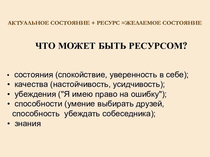 АКТУАЛЬНОЕ СОСТОЯНИЕ + РЕСУРС =ЖЕЛАЕМОЕ СОСТОЯНИЕ ЧТО МОЖЕТ БЫТЬ РЕСУРСОМ? состояния (спокойствие,