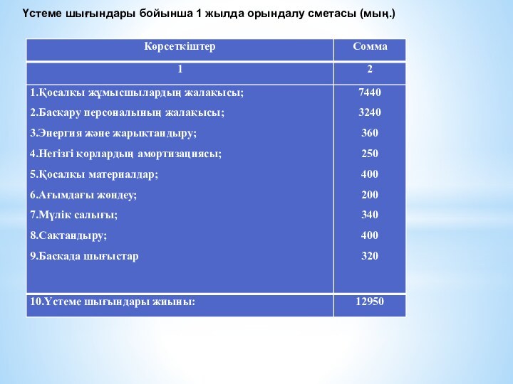 Үстеме шығындары бойынша 1 жылда орындалу сметасы (мың.)