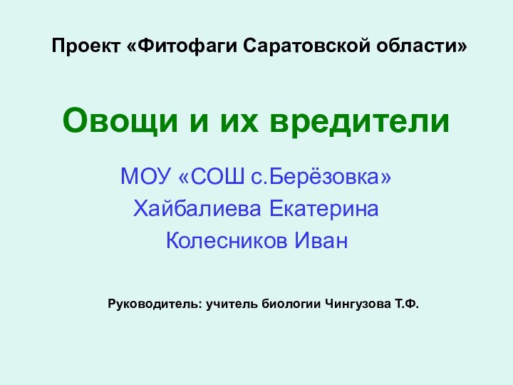 Овощи и их вредителиМОУ «СОШ с.Берёзовка»Хайбалиева ЕкатеринаКолесников ИванПроект «Фитофаги Саратовской области»Руководитель: учитель биологии Чингузова Т.Ф.