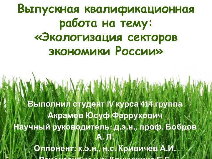 Выпускная квалификационная работа на тему: «Экологизация секторов экономики России»Выполнил студент IV курса